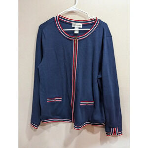 Cathy Daniels cotton blend navy zipped cardigan w/nautical ribbon trim, size L